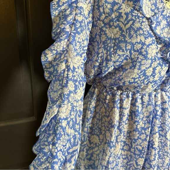 ZARA Womens Long Sleeve Ruffle Romper One Piece Blue Floral Size M  V-neck(E5 - Picture 4 of 12